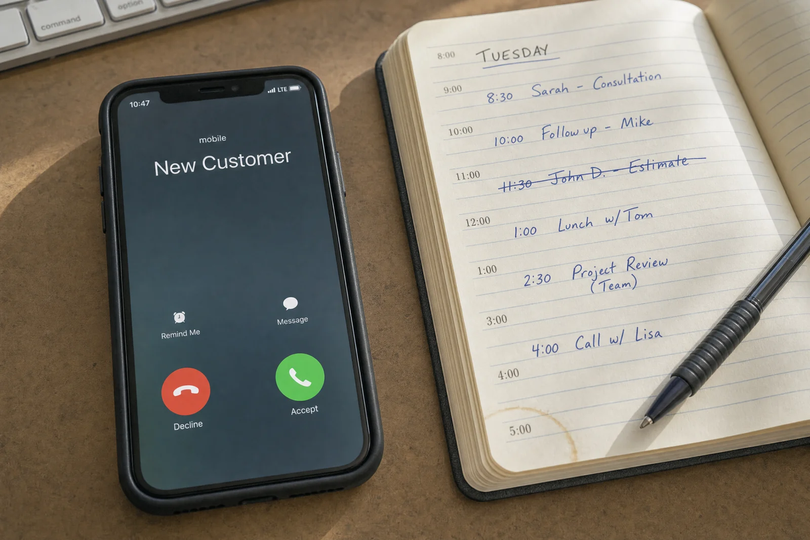 Smartphone showing incoming call from new customer next to Tuesday schedule