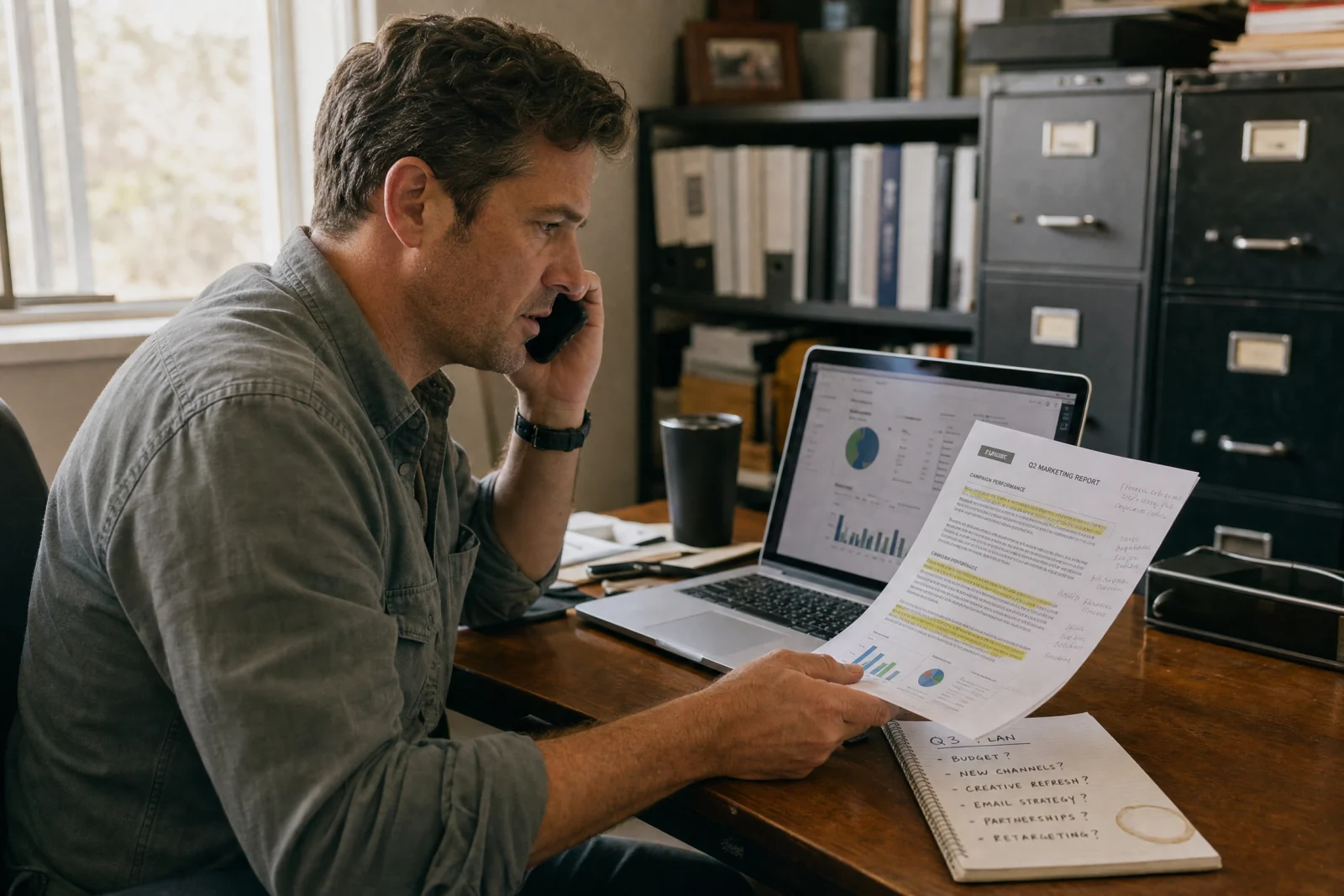 Business owner reviewing marketing reports and analytics on phone call, examining performance data at desk.