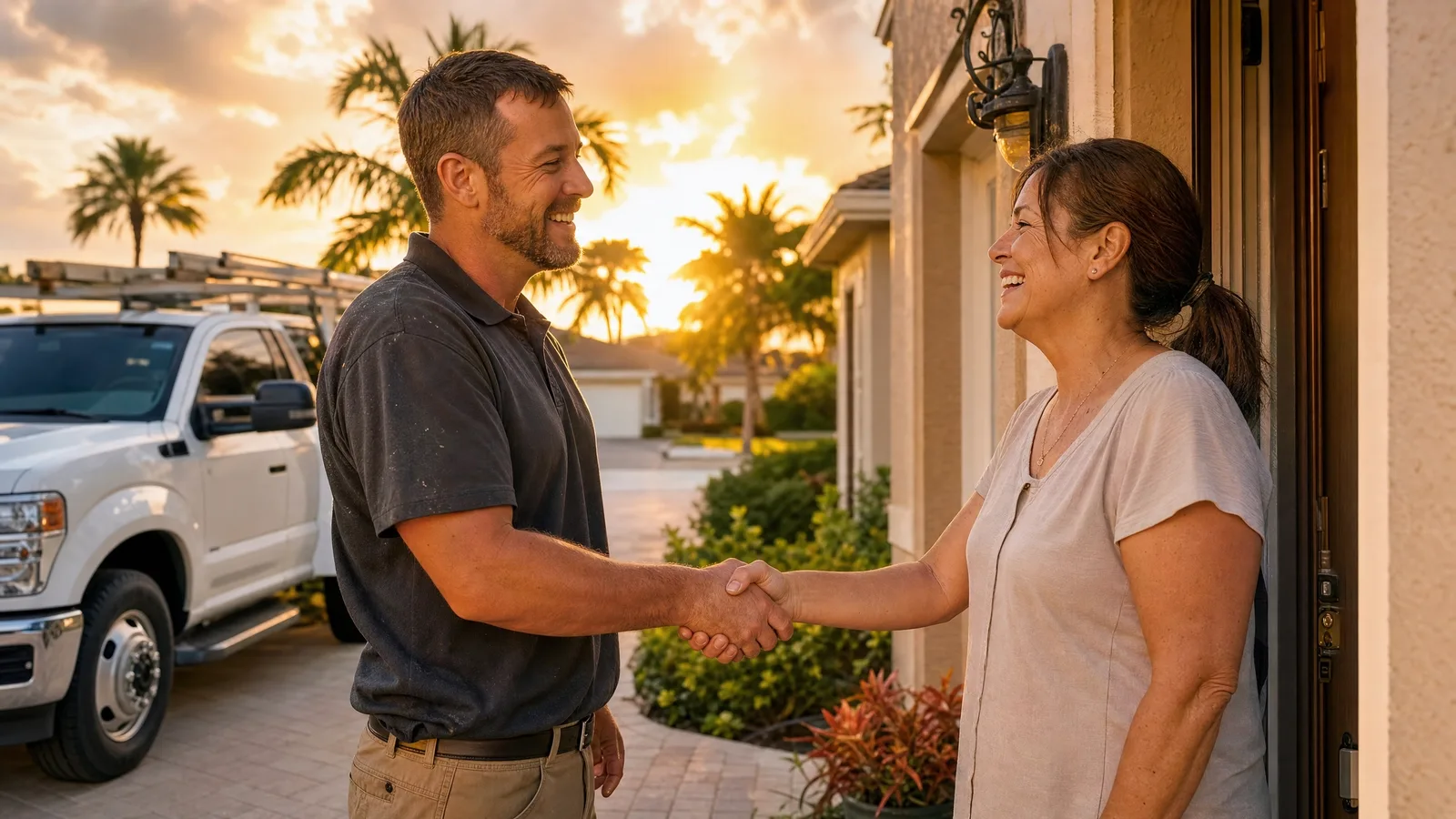 A service pro and a happy customer shaking hands at the door after a finished job