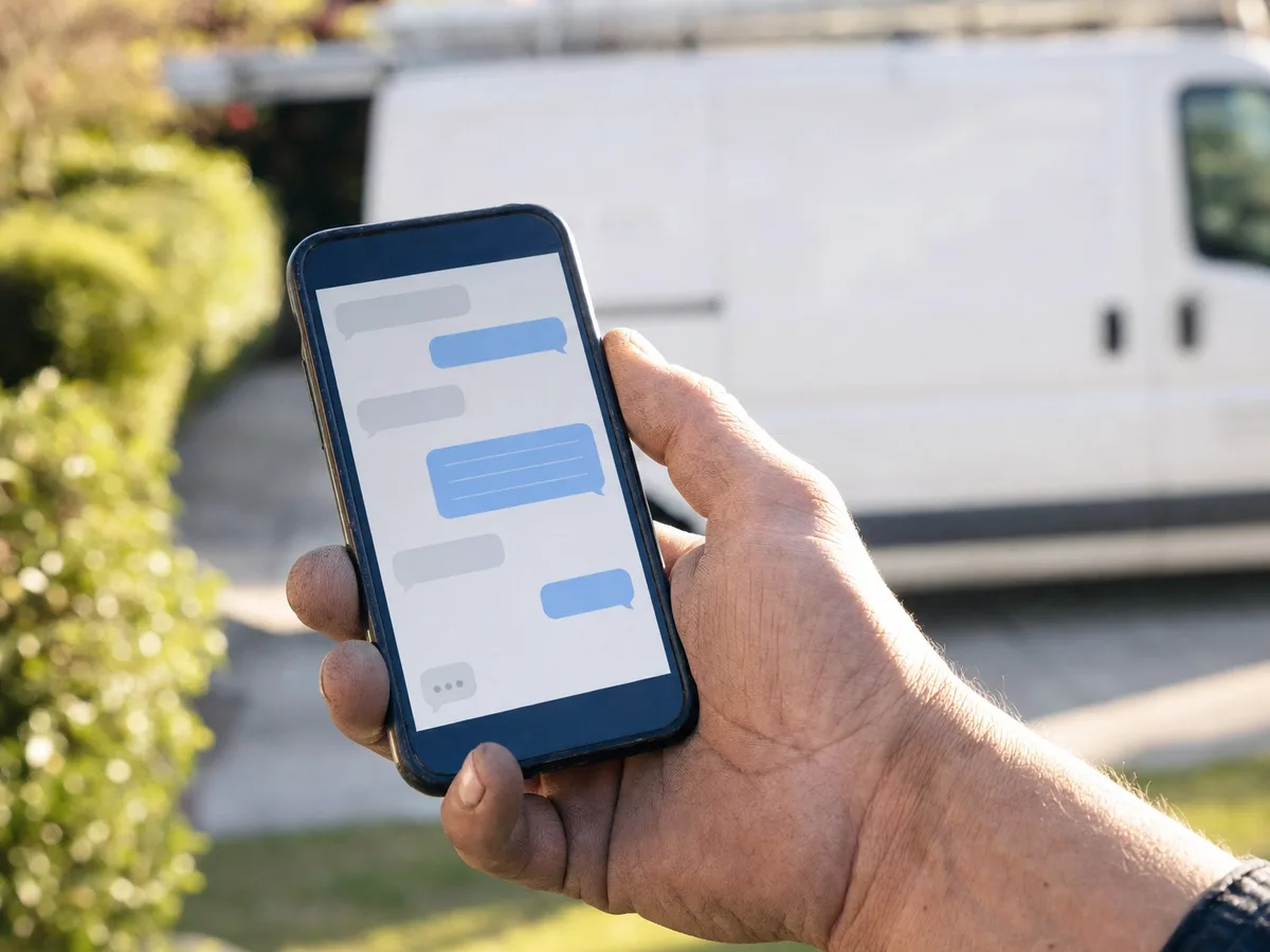 A phone showing an automatic text reply sent to a customer who called