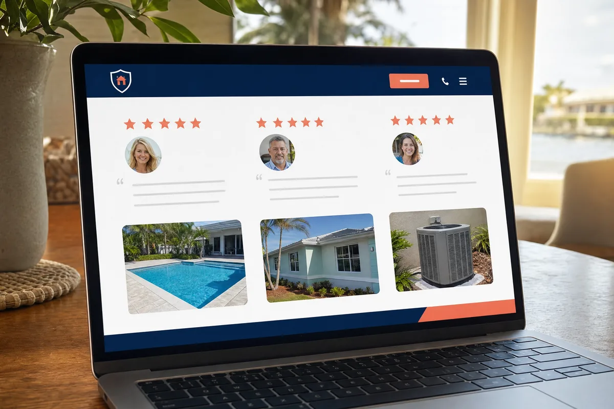 A service-business website showing real reviews and team photos