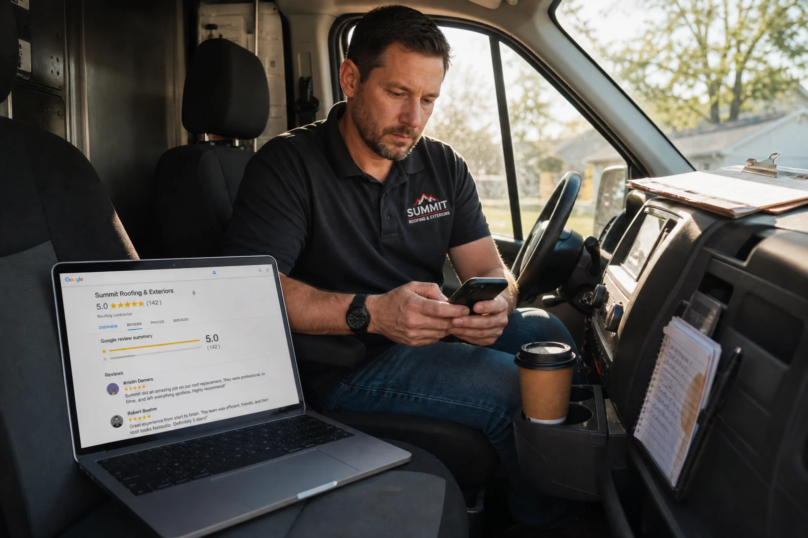 Service business owner in van reviewing Google Business Profile and customer reviews on laptop and phone.