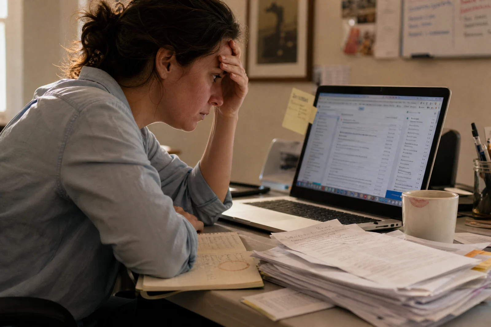 Frustrated business owner at desk with laptop and scattered papers, illustrating manual reputation monitoring challenges.