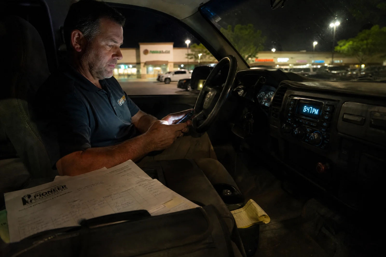 Service business owner checking phone in truck at night with paperwork and laptop bag visible on seat.