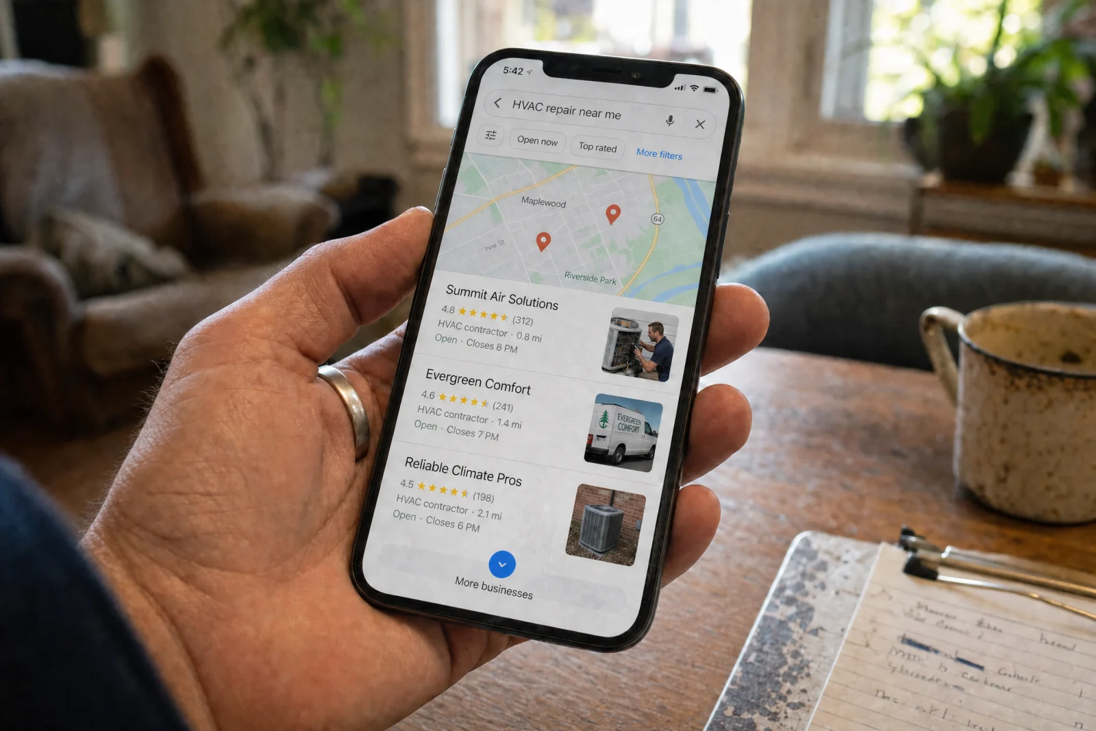 Smartphone displaying Google Maps search results for local HVAC repair services with business listings, ratings, and photos