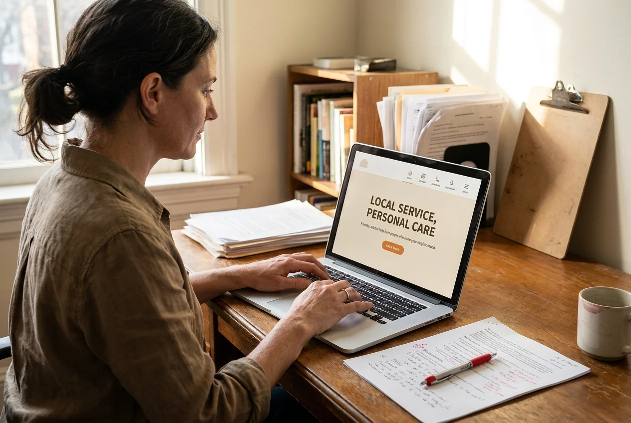 Woman reviewing local service business website homepage on laptop with small business branding tips notes.