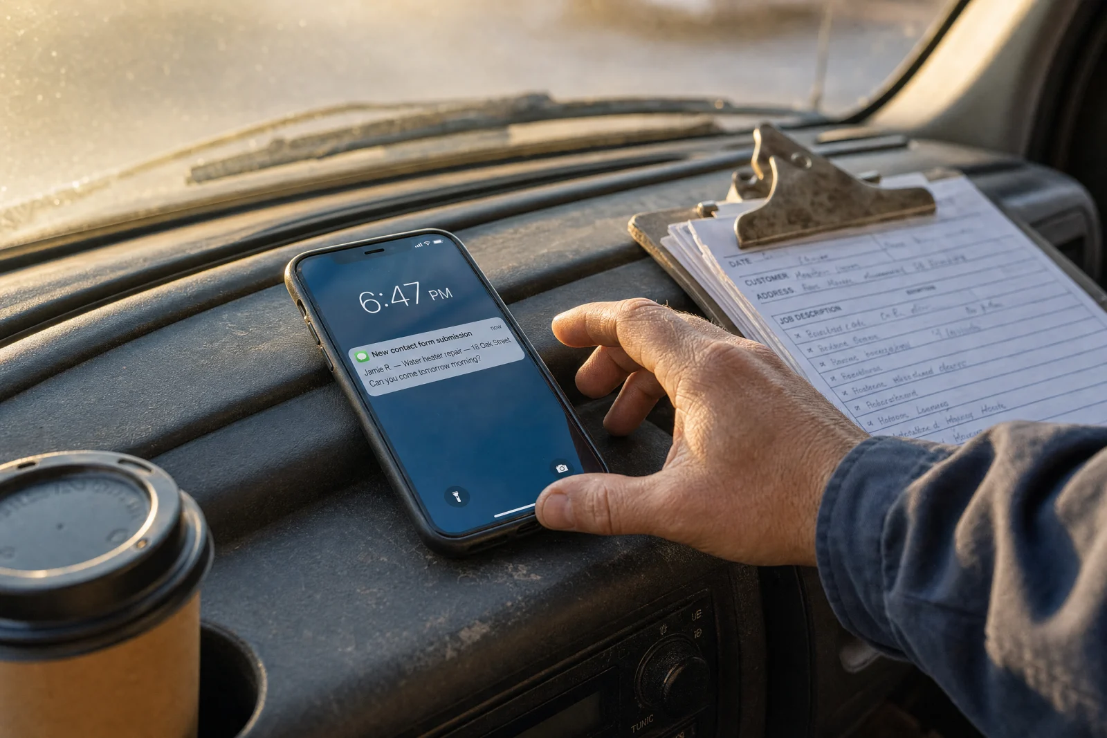 Service business owner receiving lead notification on smartphone at vehicle dashboard with paperwork nearby.