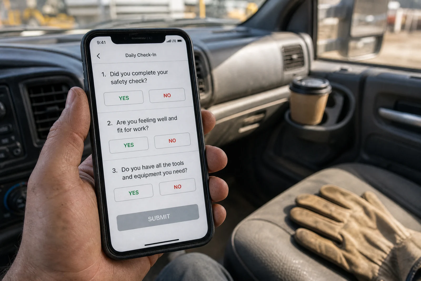 Worker holding phone displaying daily check-in quiz with yes/no questions and submit button in truck cab.