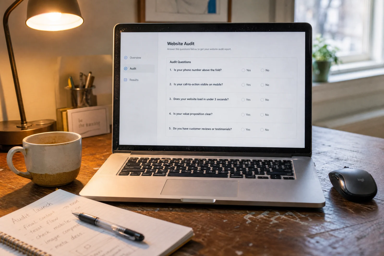 Laptop displaying website audit questionnaire with five yes/no questions
