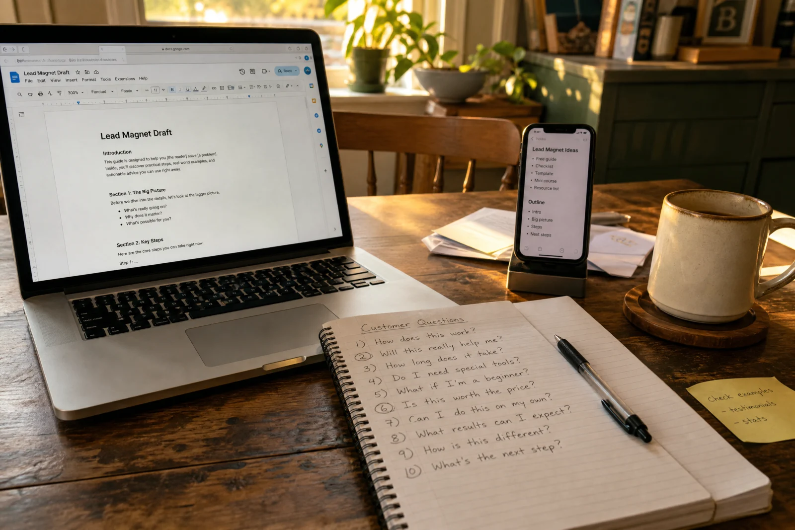 Business owner's workspace with laptop showing lead magnet draft, notebook with customer questions, phone, and coffee mug.