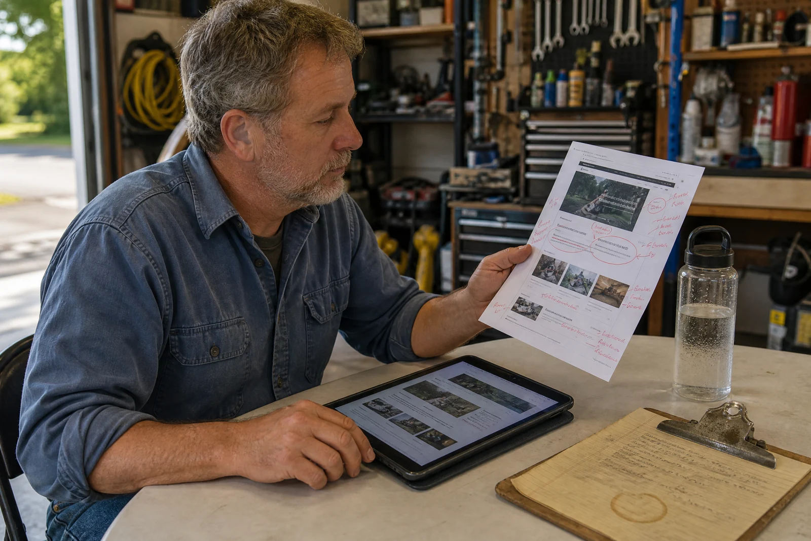Contractor reviewing printed website mockup with handwritten corrections at workbench with tablet and water bottle.