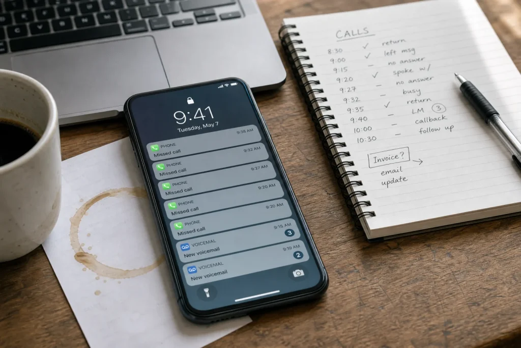 Smartphone showing missed calls and voicemails beside business call log notes and laptop, illustrating communication