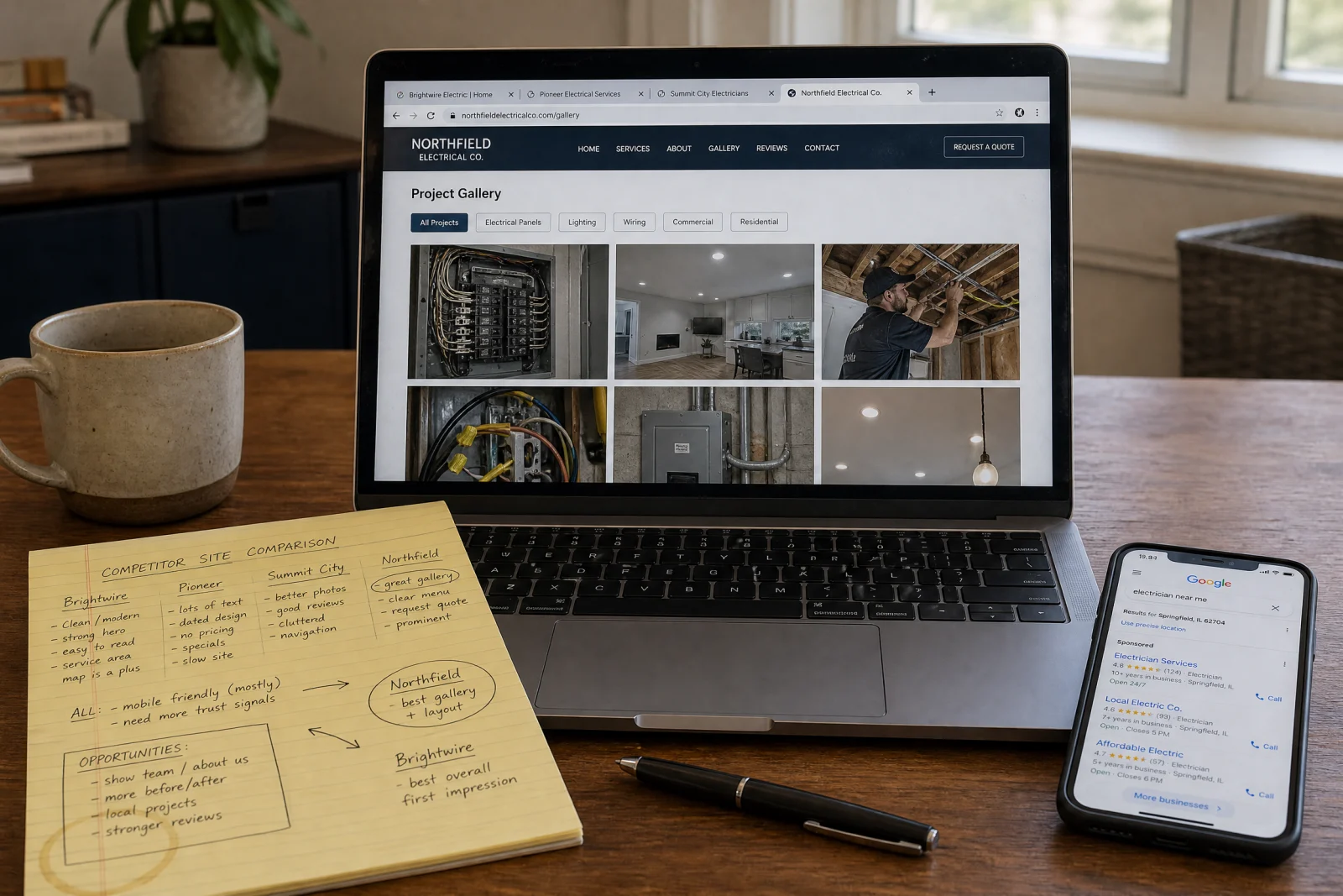 Laptop displaying electrical contractor website gallery alongside handwritten competitor analysis notes and smartphone