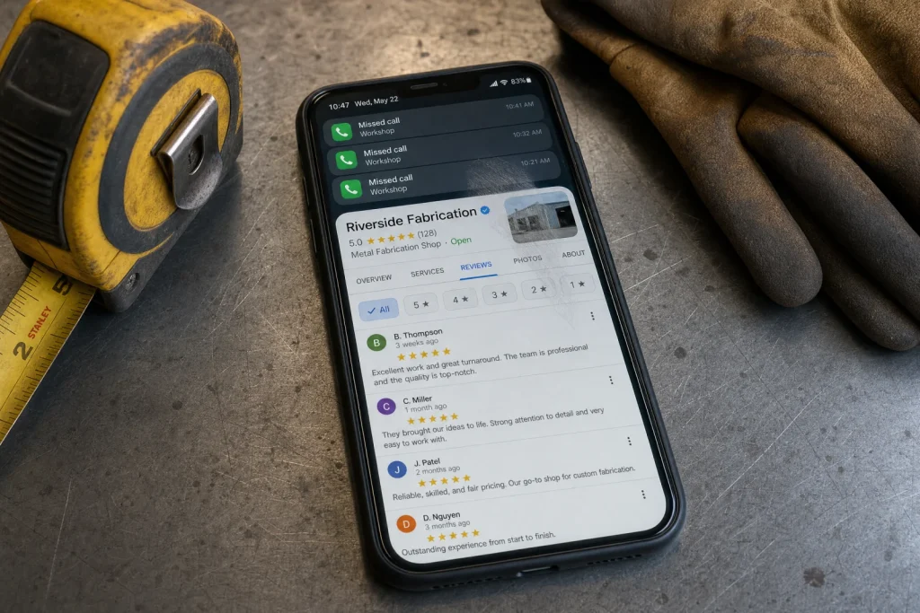 Smartphone displaying Google Business Profile reviews for metal fabrication shop, showing how top local search engine