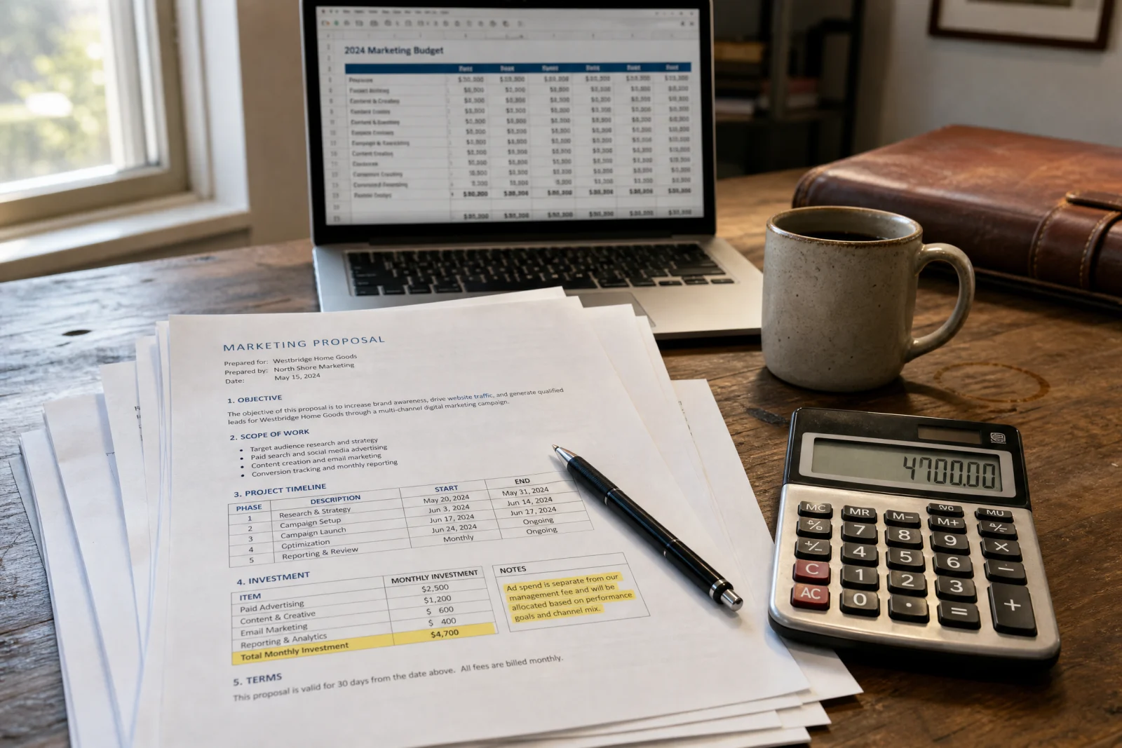 Business owner reviewing marketing proposal with calculator and budget spreadsheet on desk.