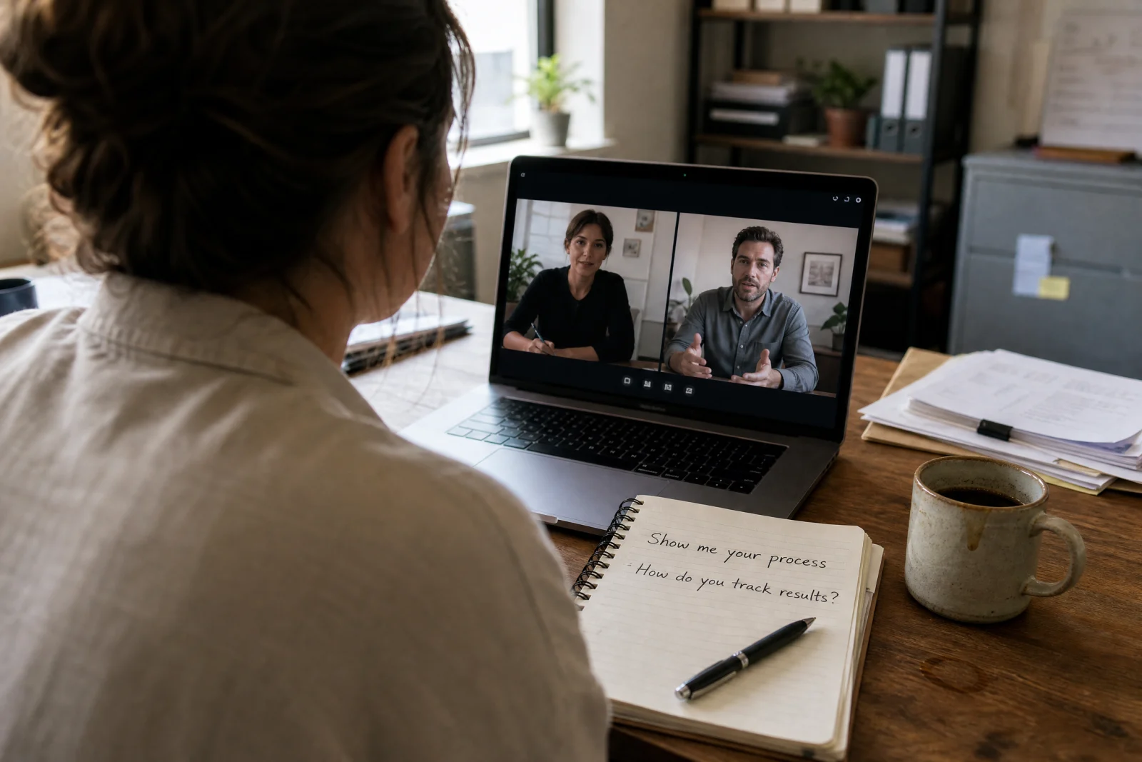 Business owner on video call with agency representatives, notepad with questions visible on desk.