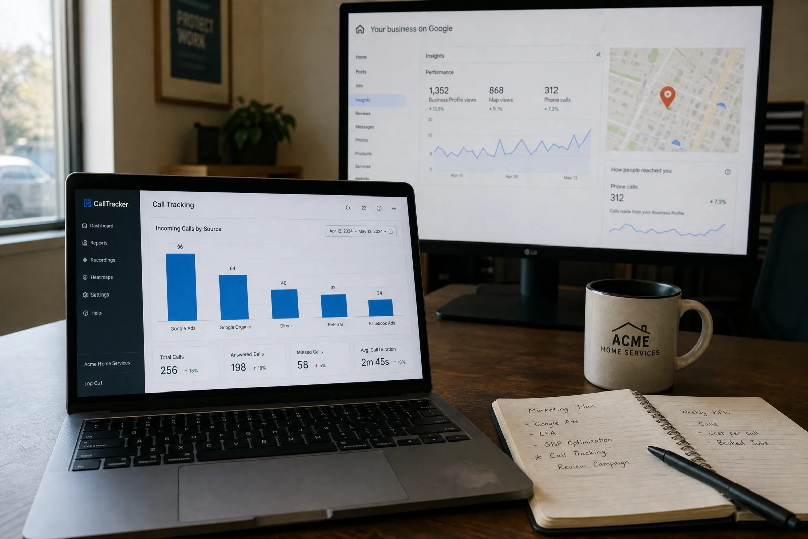Call tracking dashboard and Google Business Profile metrics displayed on laptop and monitor for local service business.