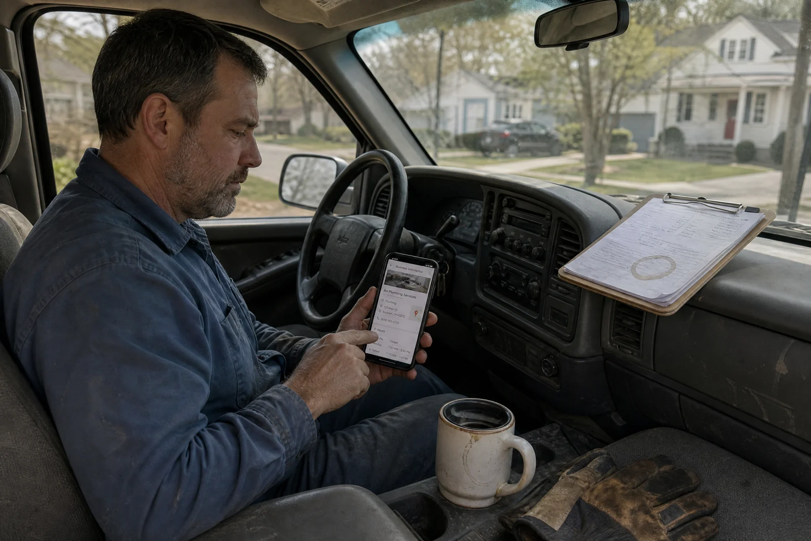 Service business owner updating Google Business Profile on smartphone in work truck between appointments.