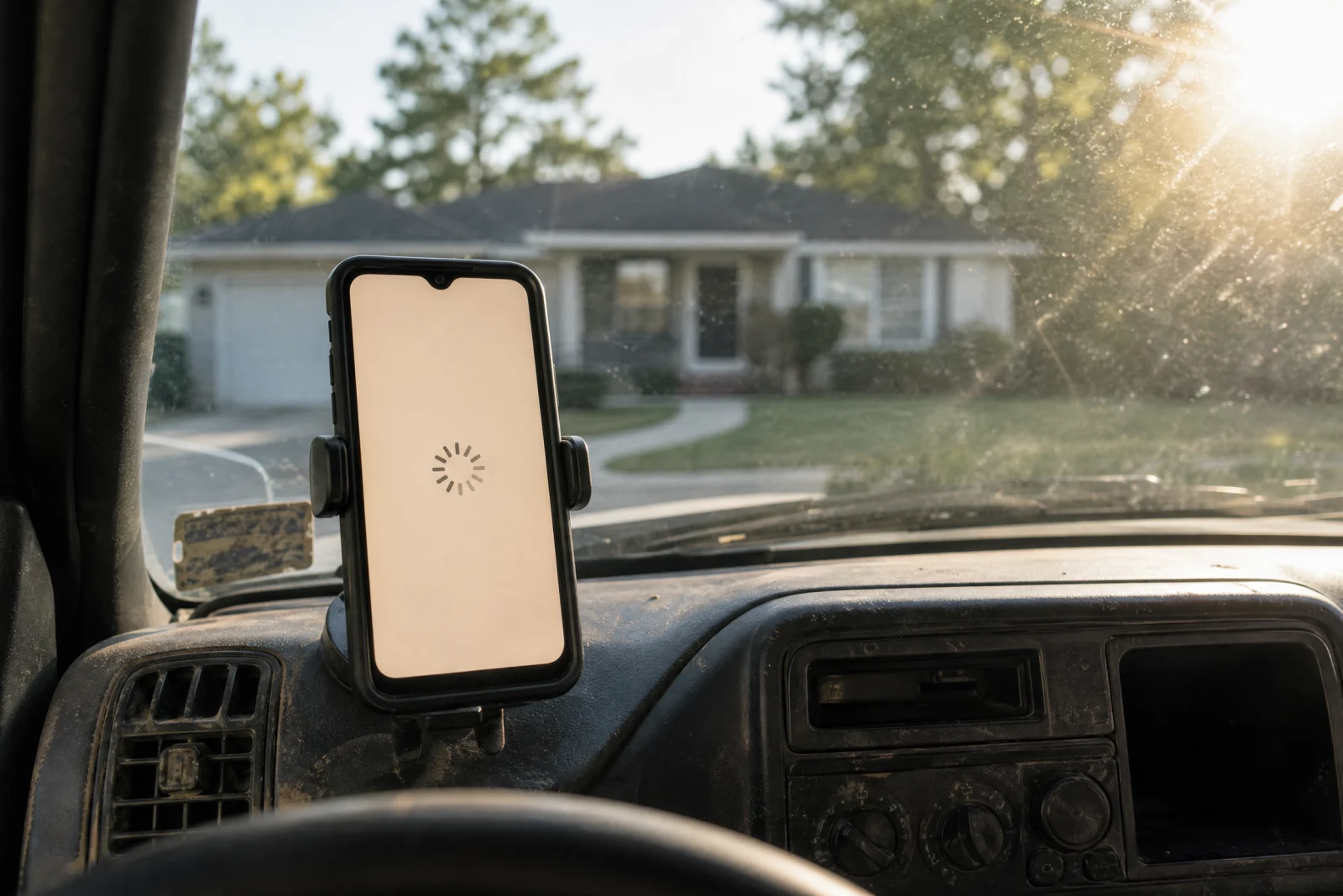 Smartphone mounted on truck dashboard displaying loading spinner