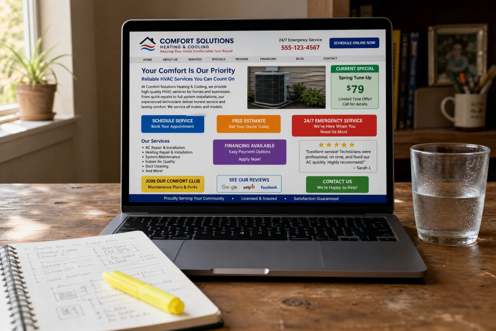HVAC company homepage with multiple competing call-to-action buttons creating confusing user experience and unclear