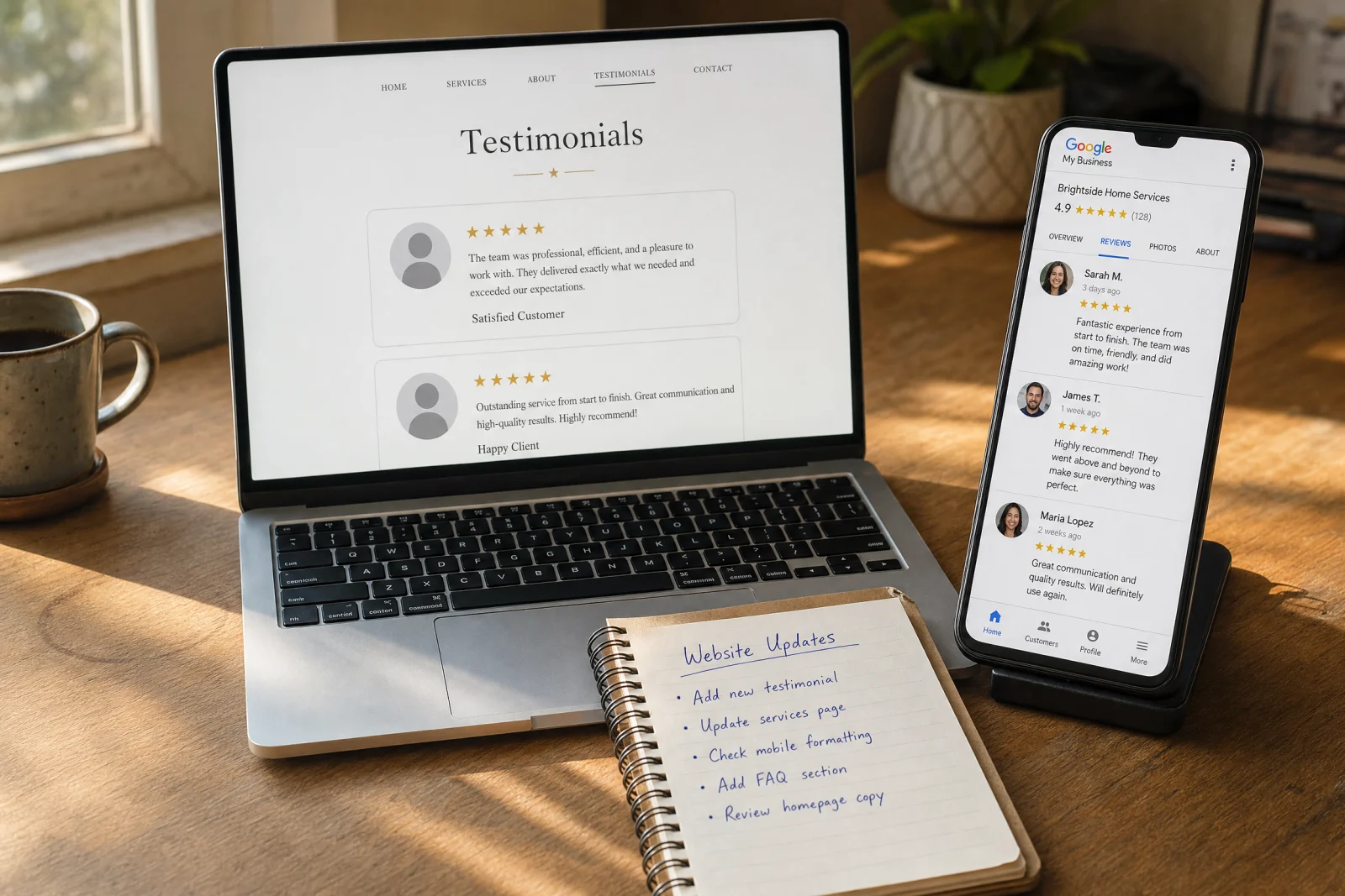 Laptop showing anonymous testimonials versus smartphone displaying Google reviews with real names and photos