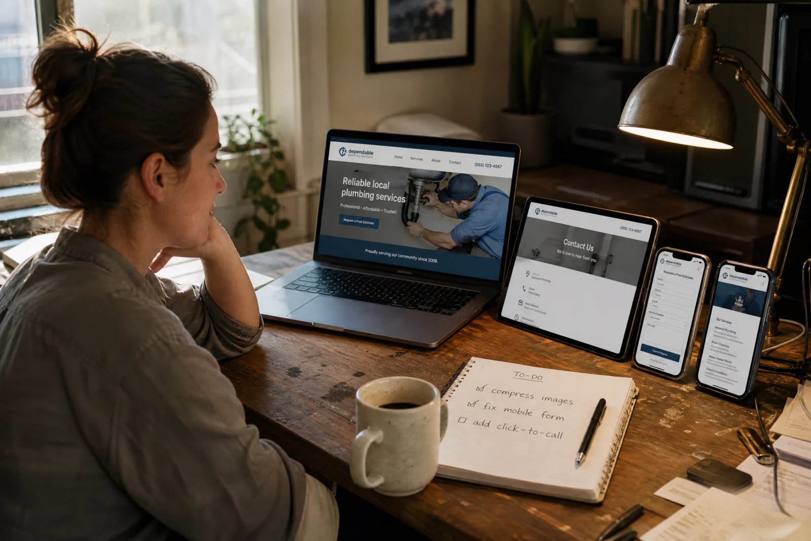 Woman testing plumbing service website across laptop, tablet, and phone devices with to-do checklist on desk.