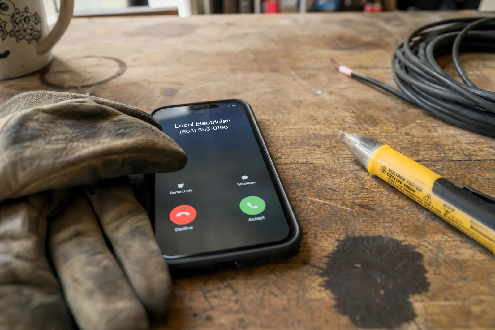 Incoming call from a local electrician on a smartphone beside work gloves and tools, the calls an answering service catches when you cannot.