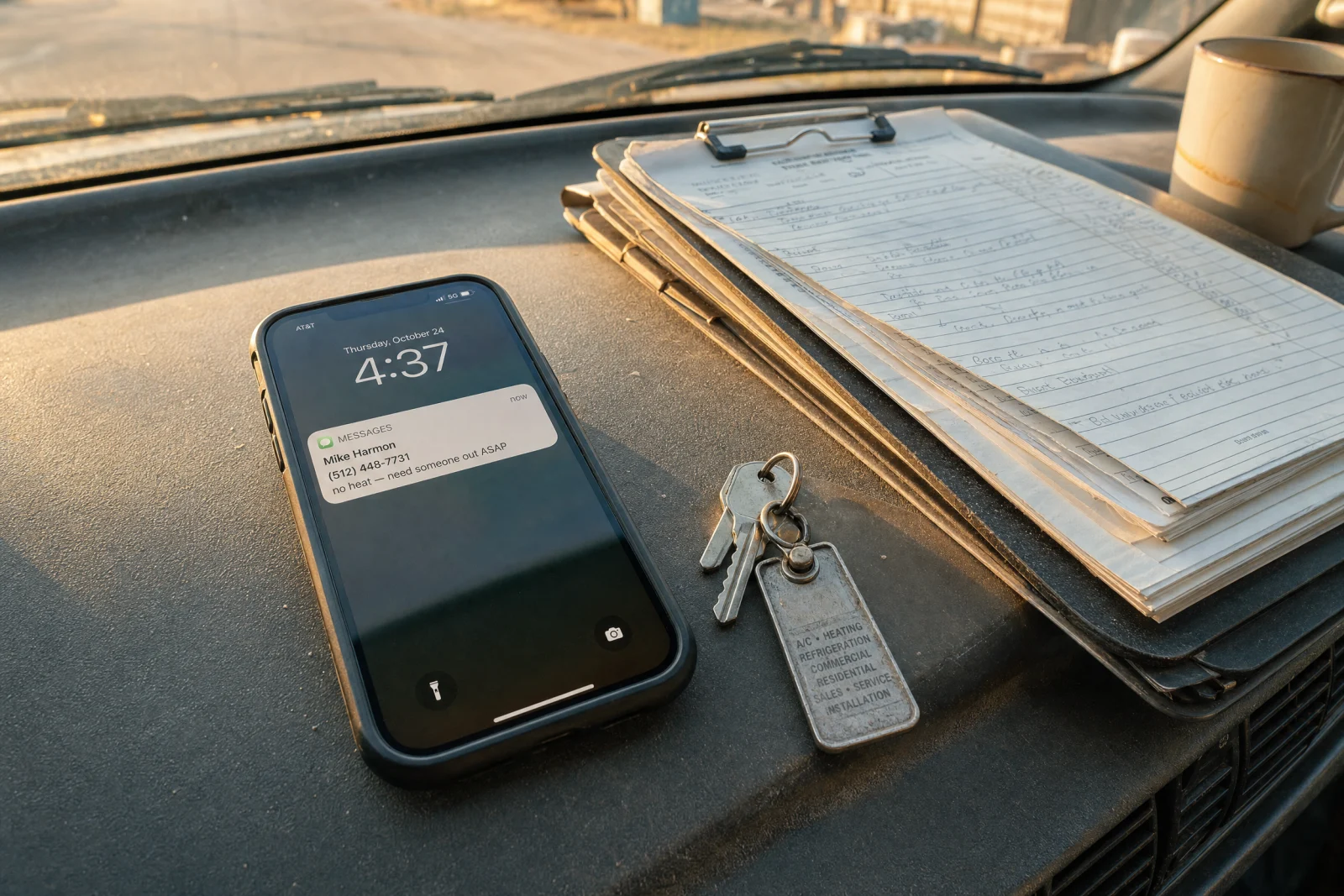 Smartphone showing an answering service lead text on a truck dashboard with keys and a work order clipboard.