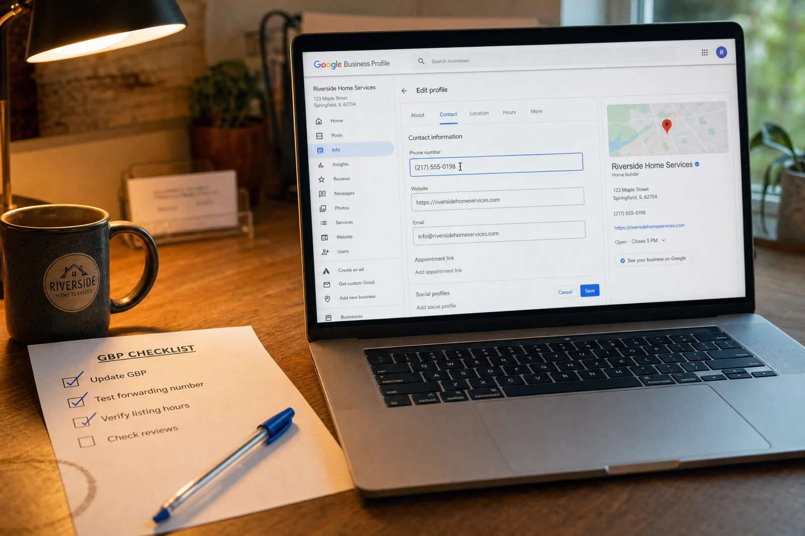 Laptop showing Google Business Profile phone-number editing, the step most answering service setups forget, with a checklist and pen on a desk.