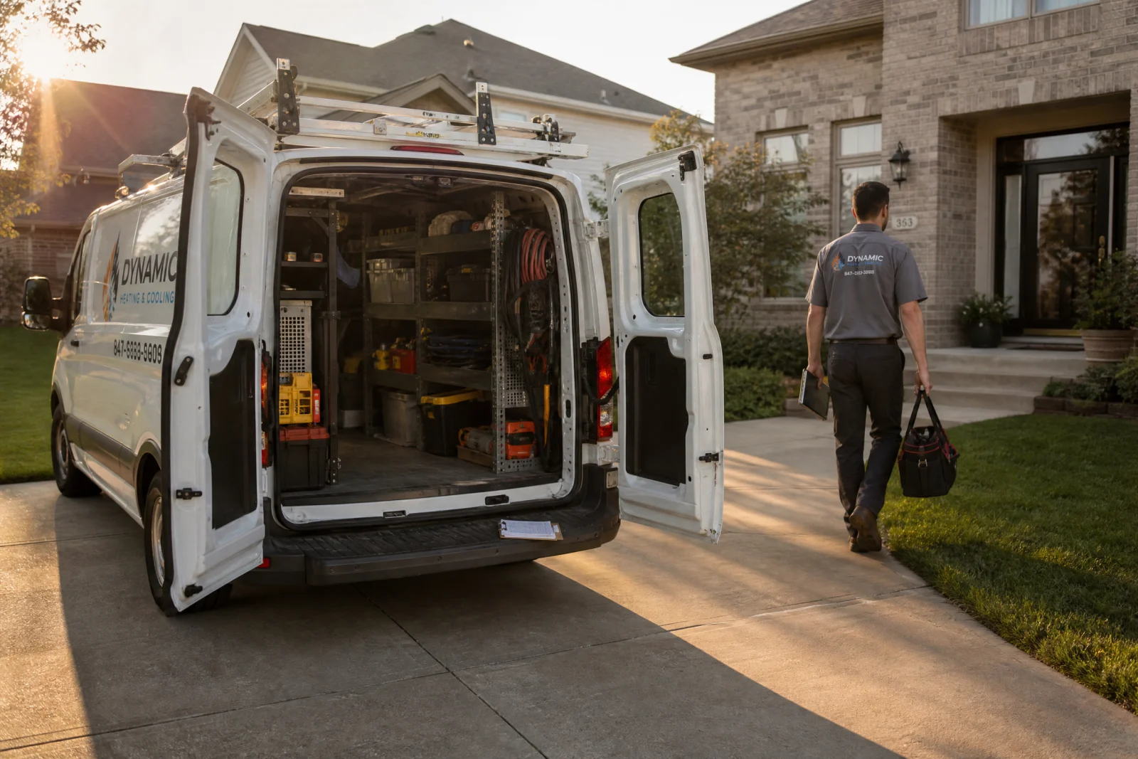 HVAC technician arriving at a home with a service van, the booked job an answering service protects.