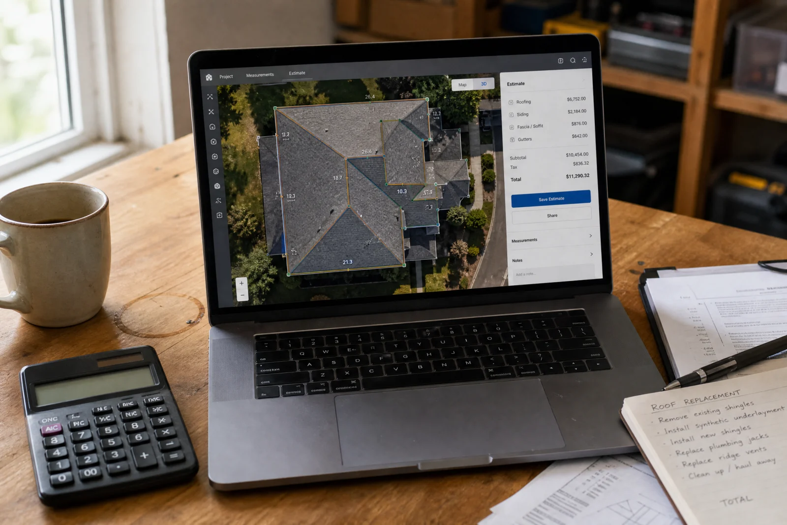 Contractor's desk with laptop displaying roof measurement software, estimate quote, calculator, and handwritten notes.