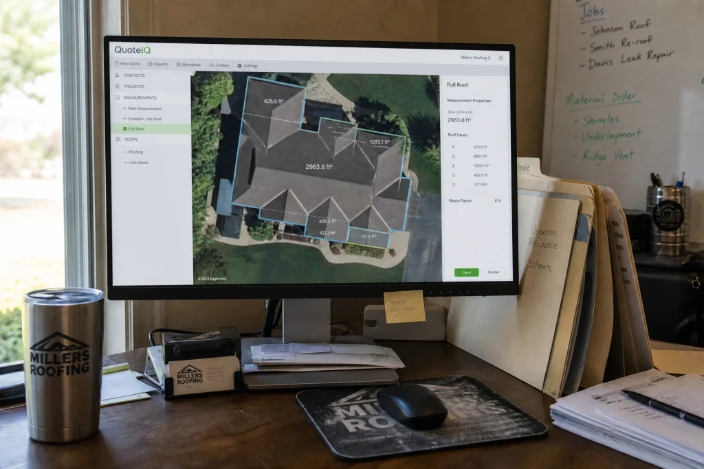 QuoteIQ software displaying aerial roof measurements and AI automation for contractors on desktop monitor.