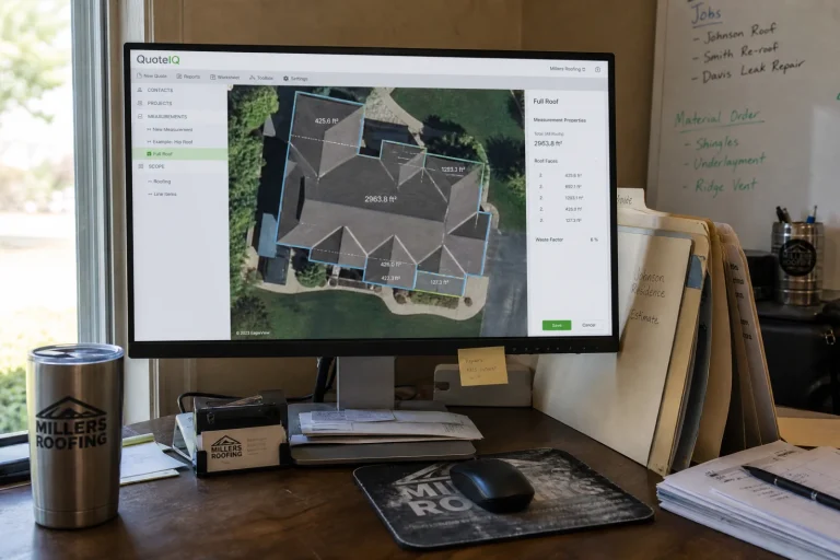 QuoteIQ software displaying aerial roof measurements and AI automation for contractors on desktop monitor.