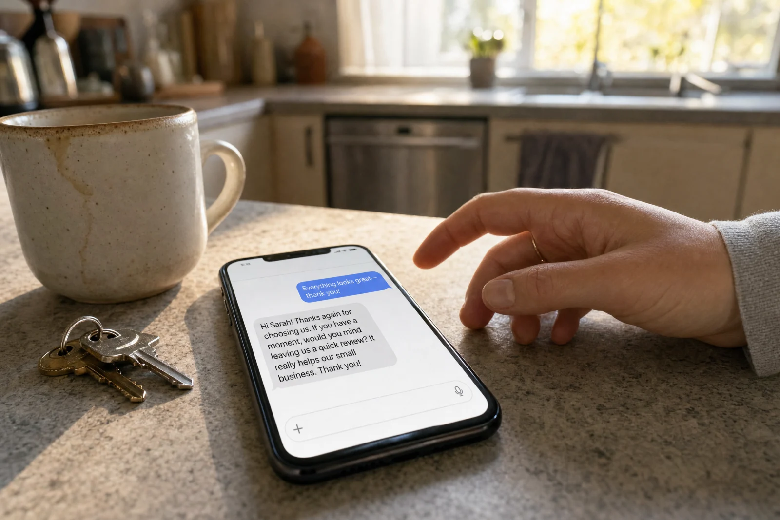 Homeowner's hand reaching for smartphone on kitchen counter displaying personalized review request text message.