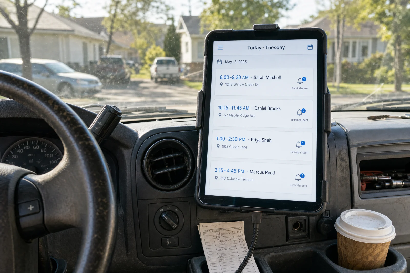 Field service management app on truck dashboard displaying daily schedule with client appointments and automated reminders.