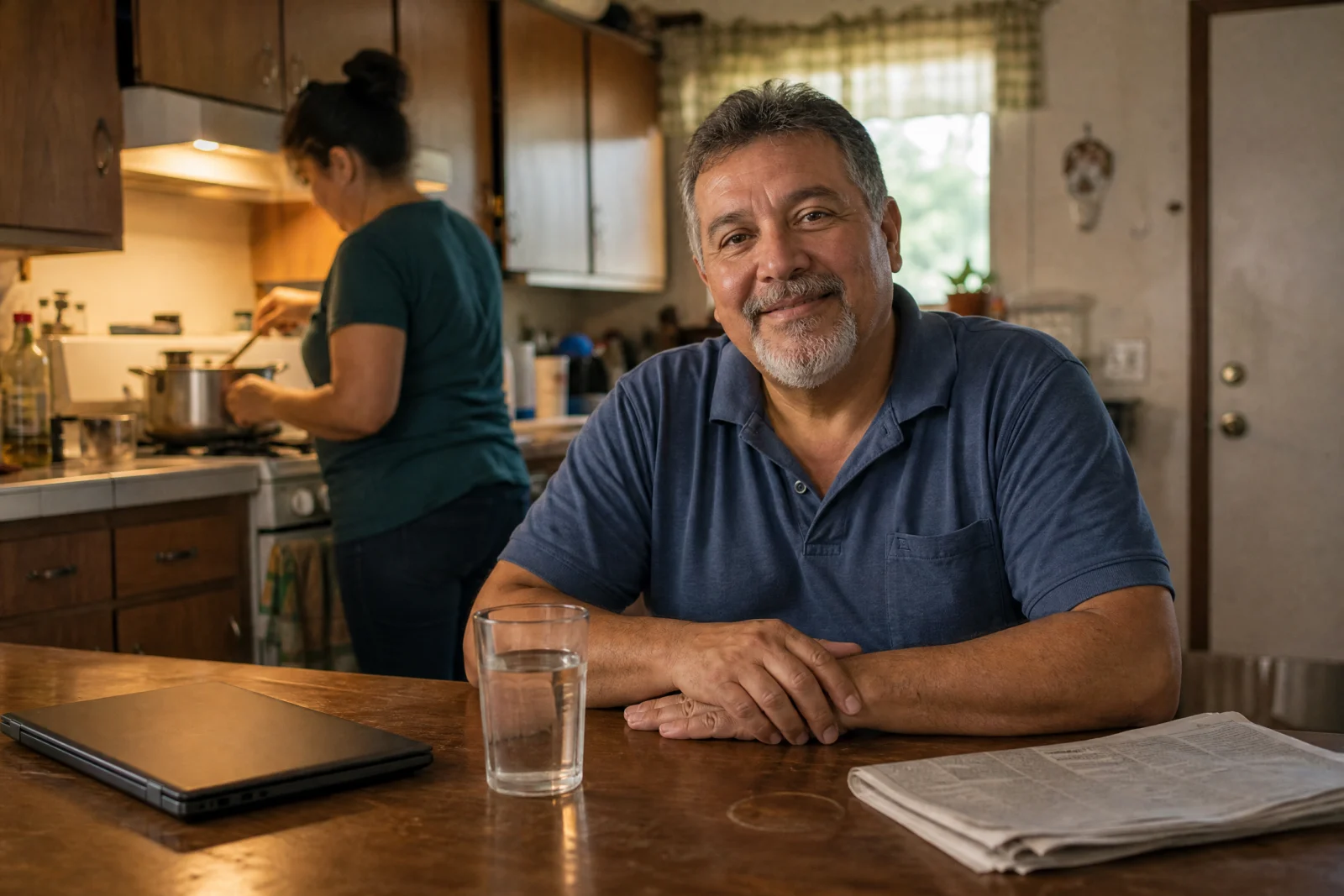 Contractor relaxing at kitchen table with laptop while dinner is prepared, showing time savings from business automation.