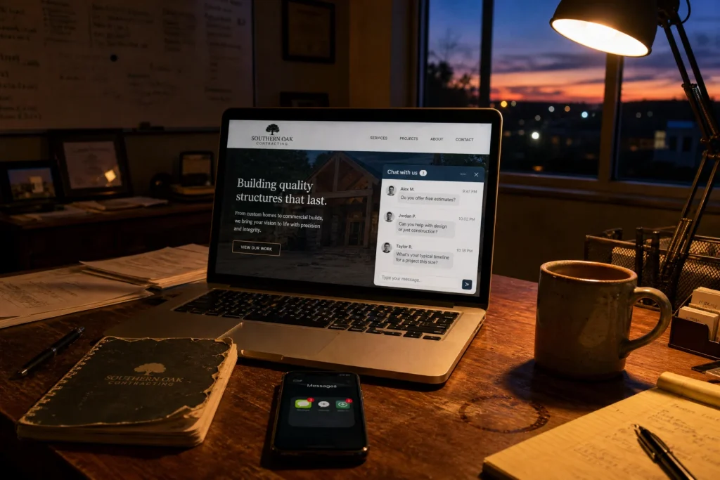 Laptop displaying after hours web chat widget with unanswered messages on business owner's desk at sunset.