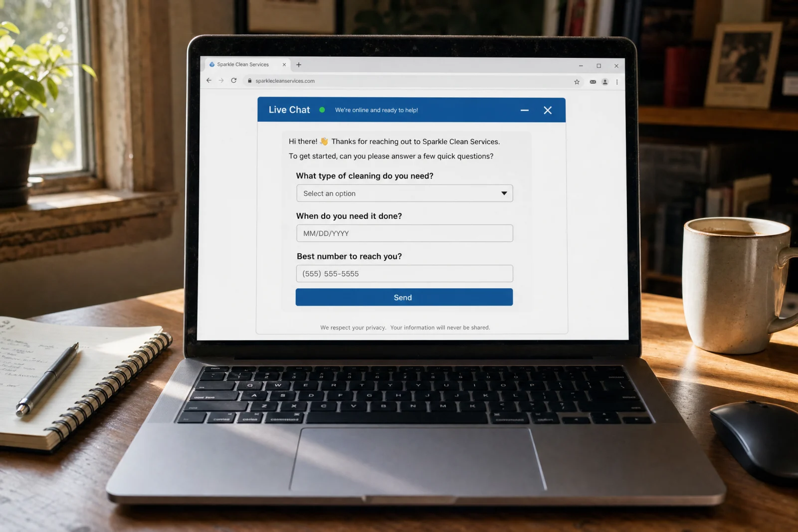 Laptop displaying Sparkle Clean Services live chat form with qualifying questions for cleaning service requests on desk.
