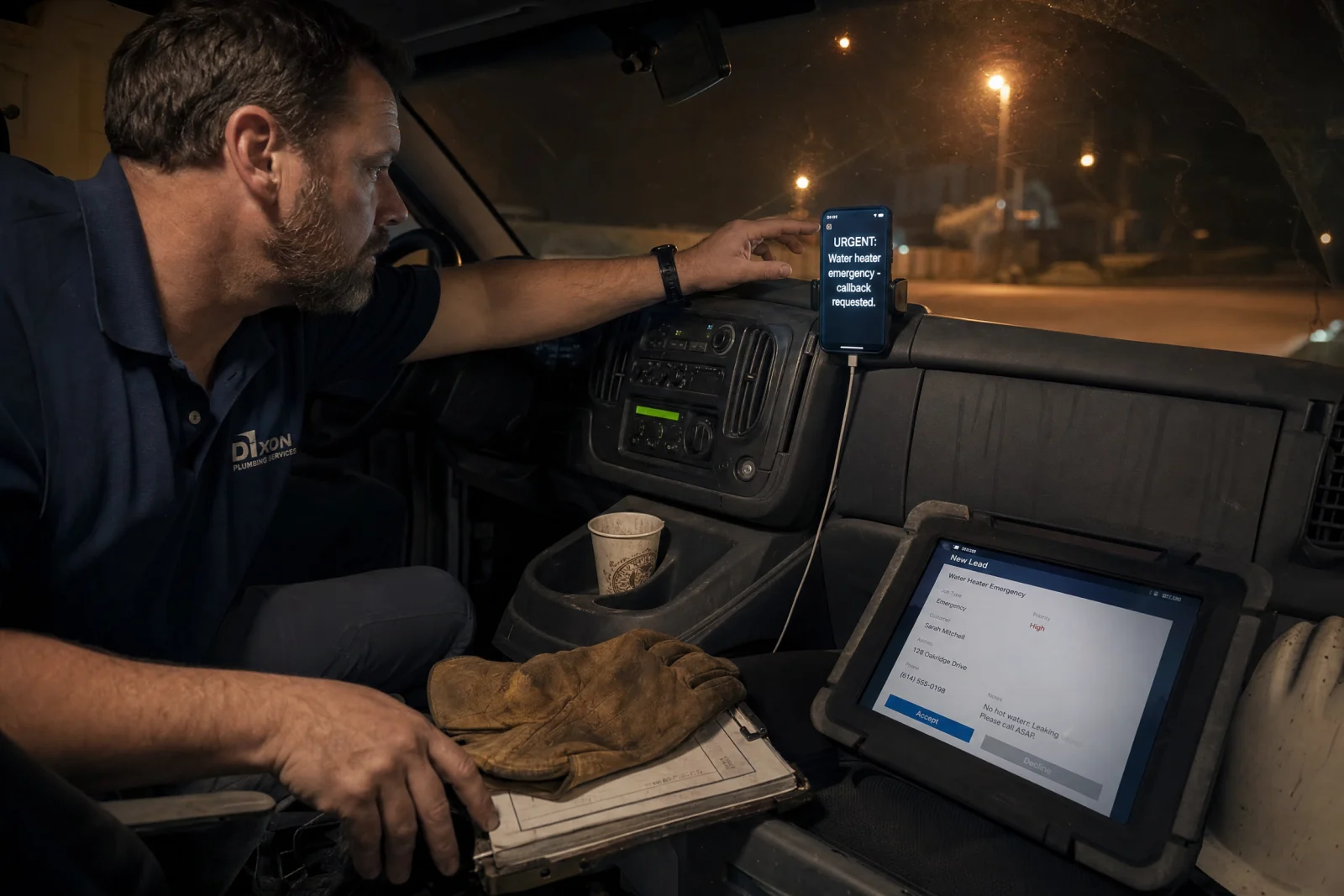 Technician in work truck at night receiving urgent after-hours web chat alert on phone and tablet dashboard.