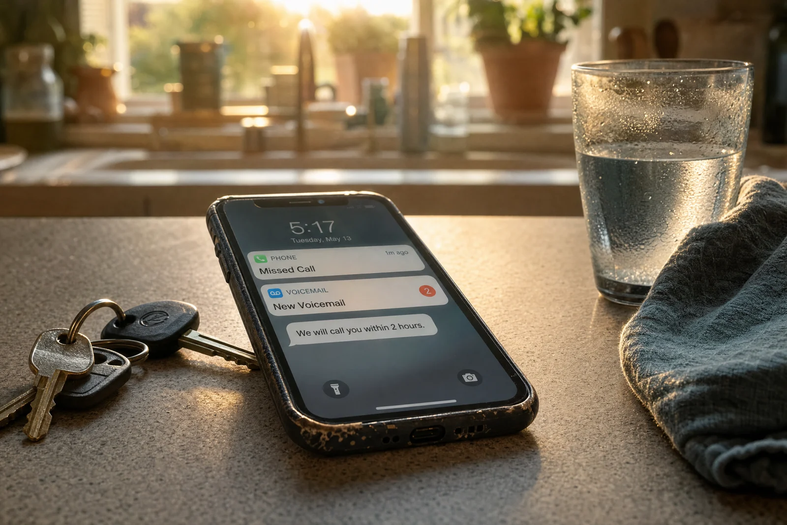 Phone on kitchen counter showing missed call and voicemail after automated chat promised callback within 2 hours.
