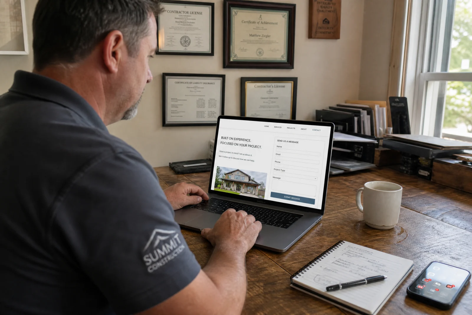 Contractor reviewing landing page for lead generation on laptop at desk with coffee and notes.