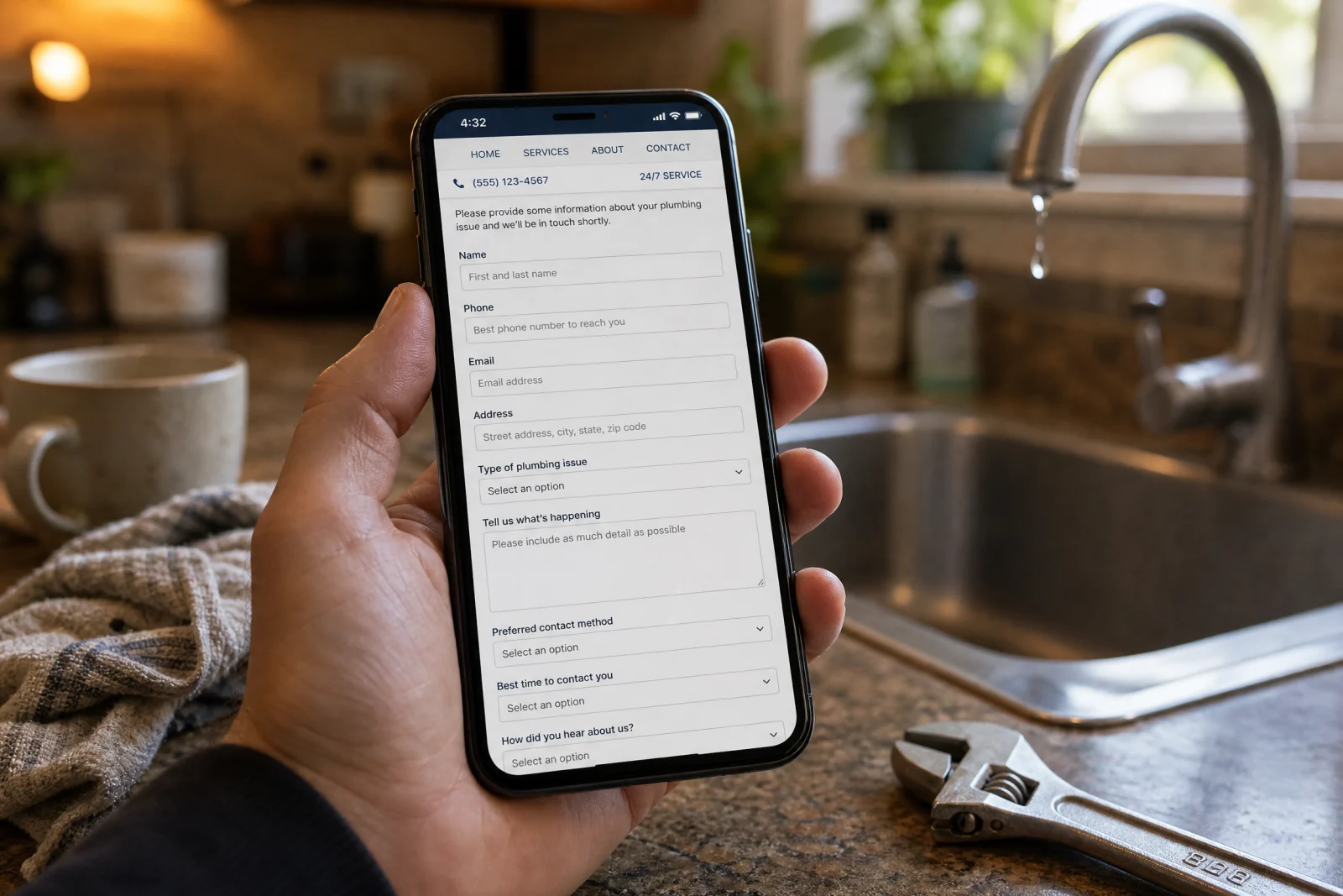 Person holding smartphone displaying plumbing service landing page form over kitchen sink with leaking faucet.