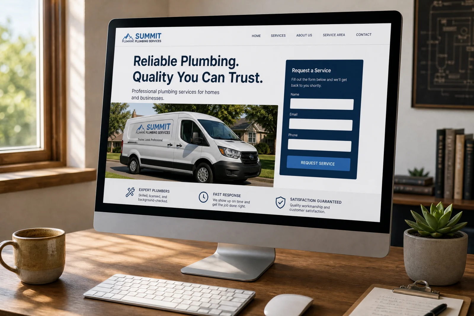 Summit Plumbing landing page for lead generation displayed on desktop monitor with service van photo and contact form