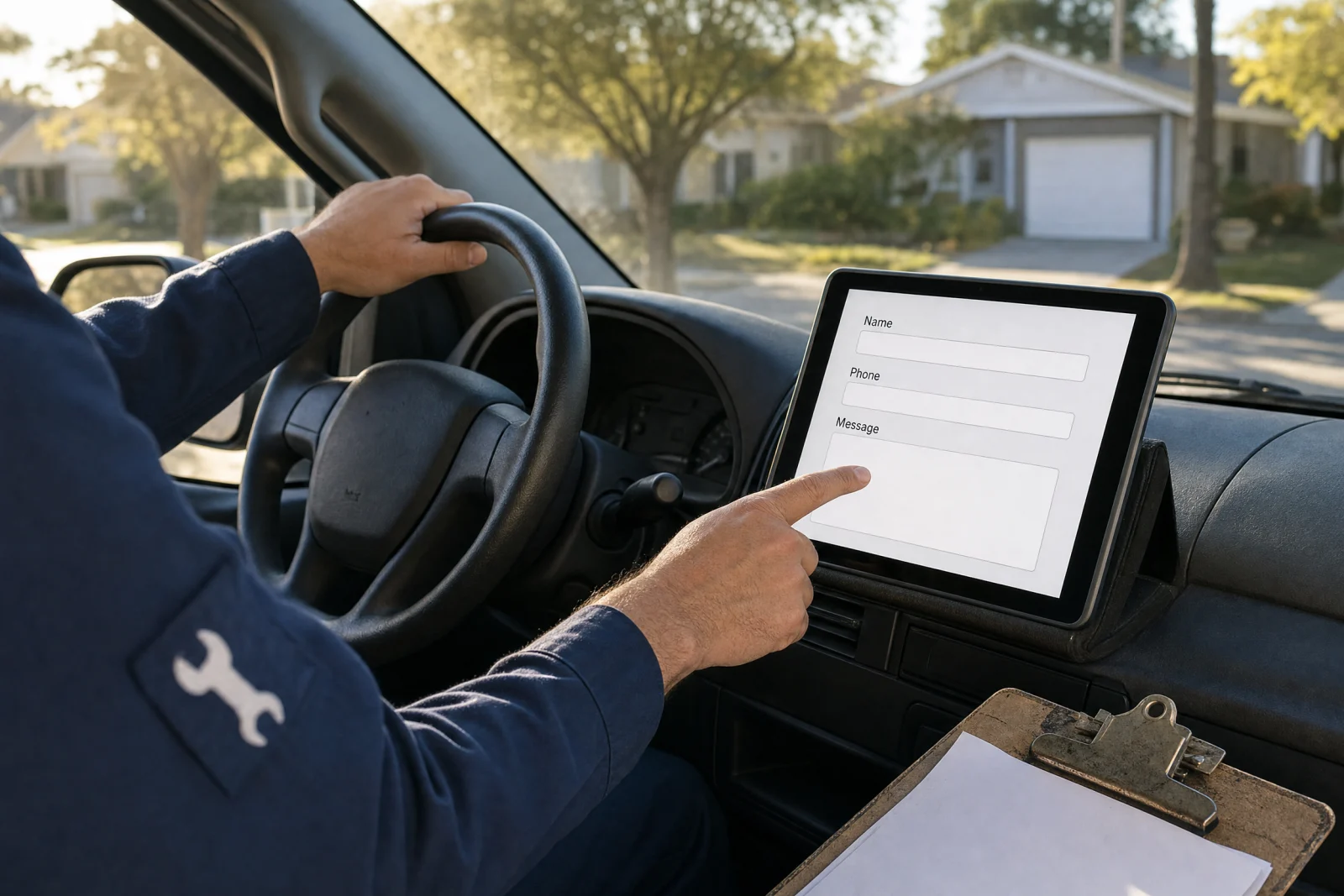 Service worker filling out contact form on tablet mounted in truck dashboard during workday.
