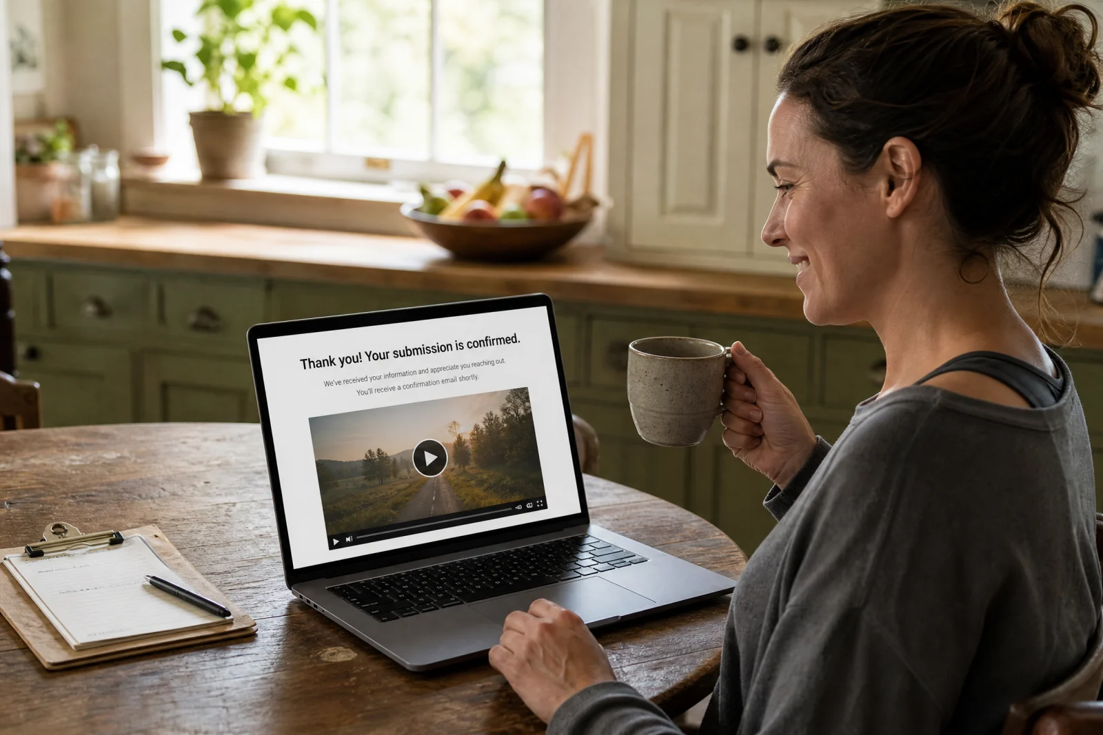 Woman viewing thank you page confirmation on laptop at kitchen table with coffee mug, showing successful form submission and