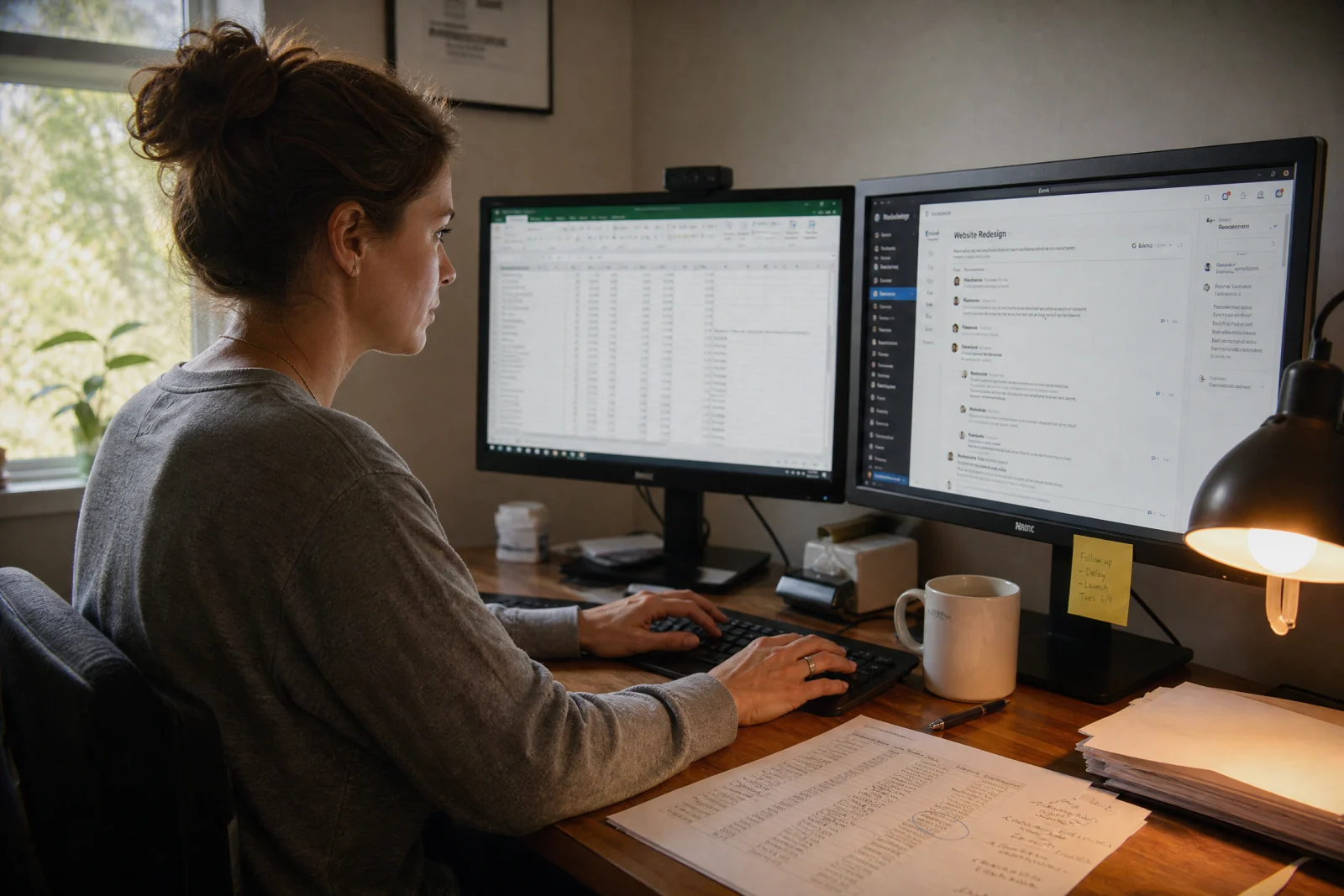 Office worker managing multiple software systems on dual monitors, illustrating business process automation service needs.