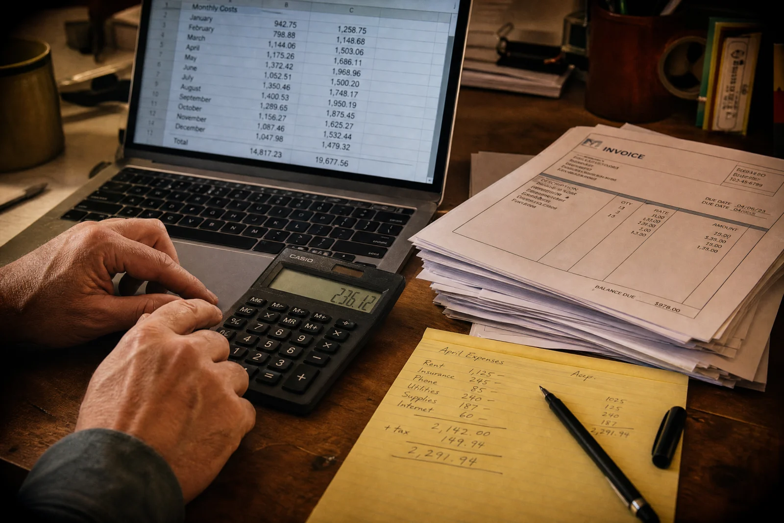Service business owner calculating costs with calculator, invoices