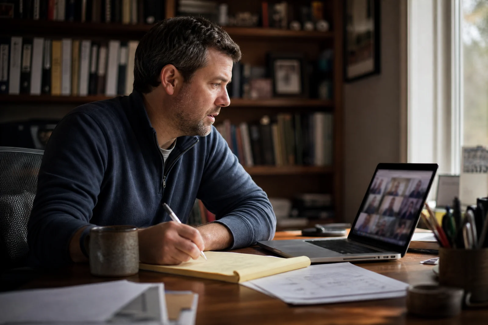 Business owner taking notes during video consultation with vendor, evaluating service options at desk.