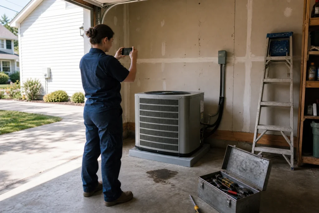 HVAC technician documenting completed work with smartphone for search engine optimization for local business visibility.