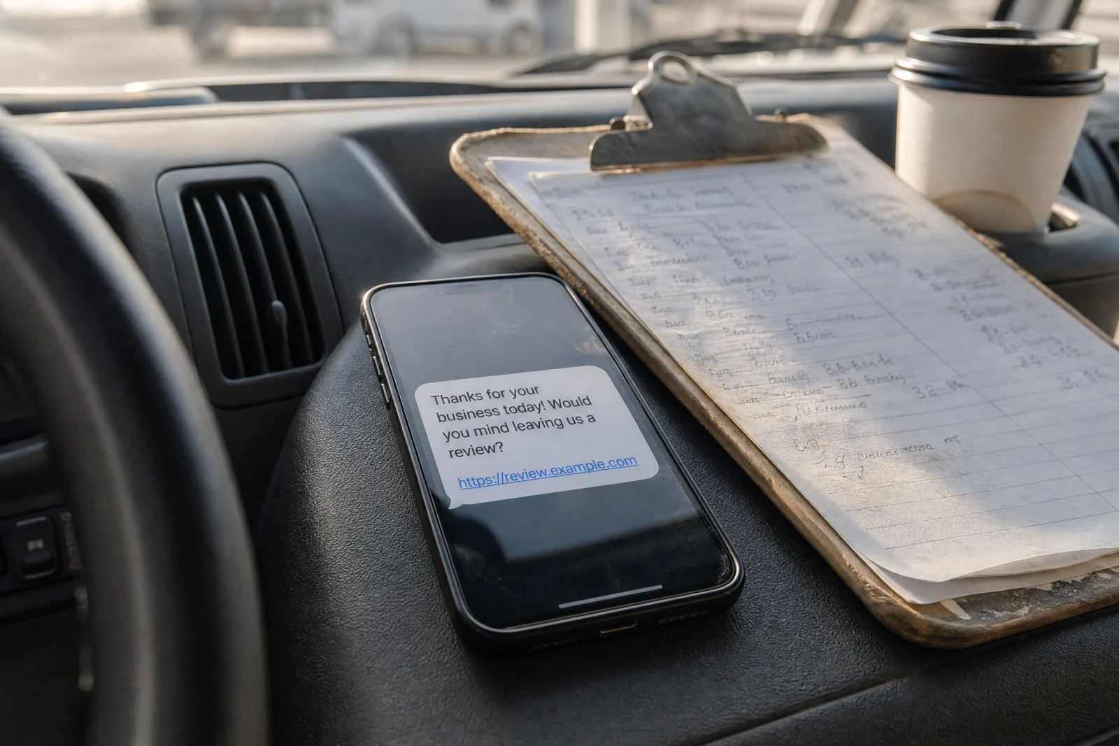 Smartphone displaying a review request text on a truck dashboard next to a clipboard, showing local SEO review automation in practice.